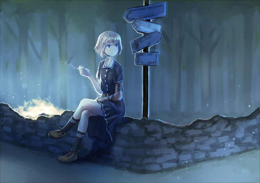 1940s_(style), 1girl, bandages, black_legwear, blonde_hair, blue_eyes, blue_skirt, blunt_bangs, brown_shoes, cigarette, collared_shirt, crossed_legs, embers, erica_(naze1940), fire, forest, highres, injury, looking_to_the_side, nature, night, old_fashion, original, outdoors, pleated_skirt, rubble, ruins, scenery, shirt, shoes, sign, signpost, sitting, skirt, smoking, snow, snow_flakes, socks, tree, uniform, wall, wall_ruins, world_war_ii