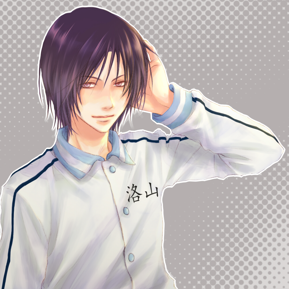1boy, artist_request, bad_id, bad_pixiv_id, gradient_background, halftone, halftone_background, kuroko_no_basuke, male_focus, mibuchi_reo, purple_hair, smile, solo, upper_body