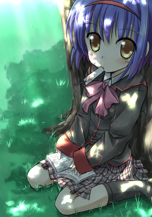 1girl, against_tree, blazer, blue_hair, blush, book, bookmark, bow