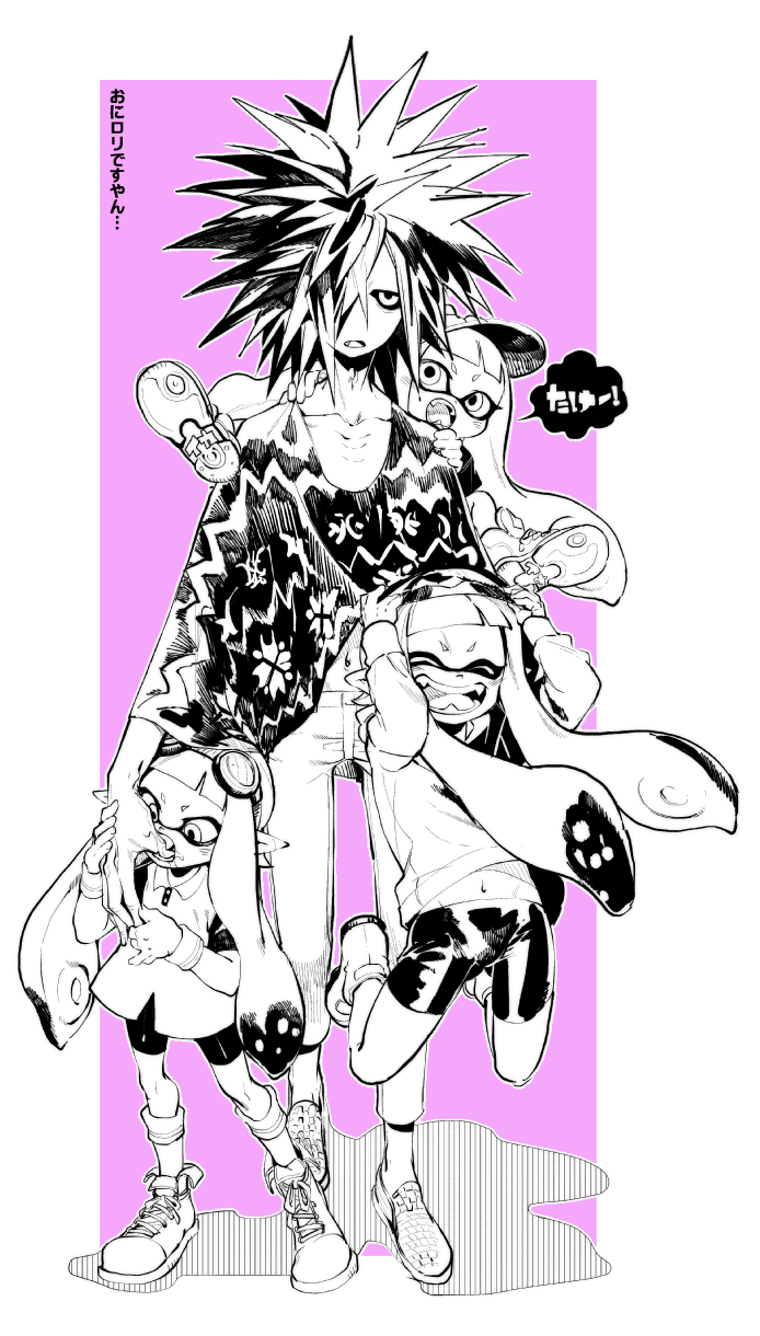 1boy, 3girls, bad_id, bad_twitter_id, bike_shorts, biting, biting_finger, black_sclera, carrying, colored_sclera, completely_unamused, eyebrows, fang, goggles, goggles_on_head, hair_over_one_eye, height_difference, highres, inkling, inkling_girl, inkling_player_character, jumping, kuro0201, monochrome, monster_boy, monster_girl, multiple_girls, nintendo, piggyback, shoes, simple_background, skinny, smile, sneakers, spiked_hair, splatoon_(series), splatoon_1, spyke_(splatoon), tentacle_hair, unamused, visor_cap, yousuke_(yosk)