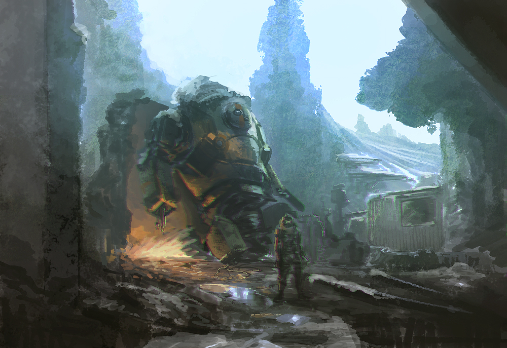 1boy, atlas_(titanfall), damaged, helmet, mac_cola, mecha, mechabare, pilot, pilot_suit, realistic, robot, ruins, science_fiction, titan_(titanfall), titanfall, titanfall_(series)