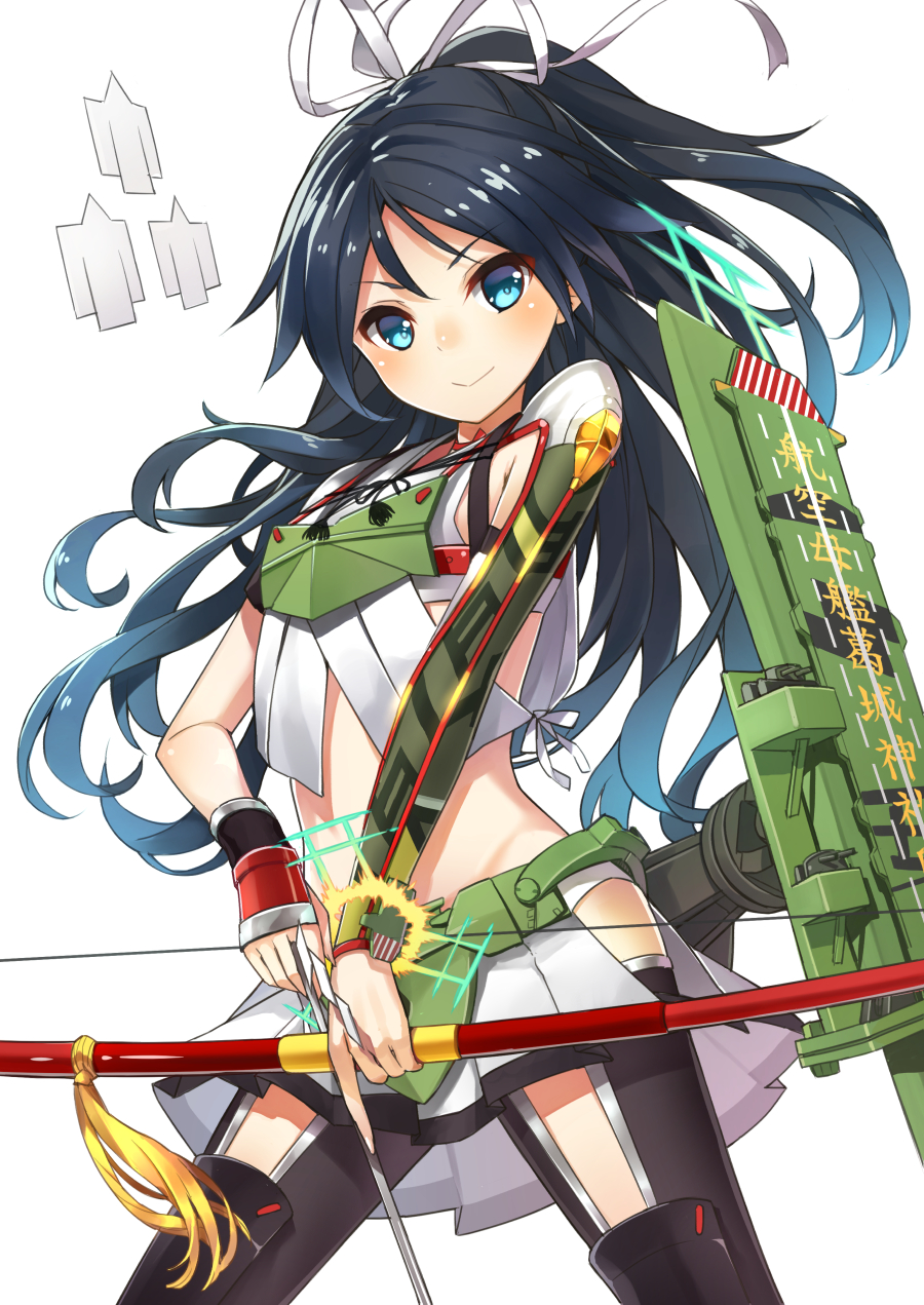 10s, 1girl, armor, black_hair, blue_eyes, bow_(weapon), female_focus, hair_ribbon