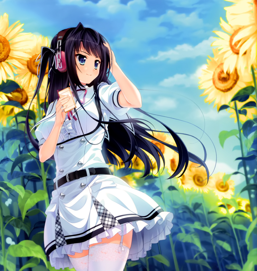 1girl, absurdres, black_hair, blue_eyes, dress, flower, headphones, highres