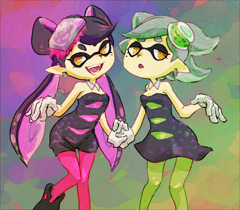 2girls, :d, callie_(splatoon), callie_(squid_sisters_outfit)_(splatoon), detached_collar, dress, earrings, fangs