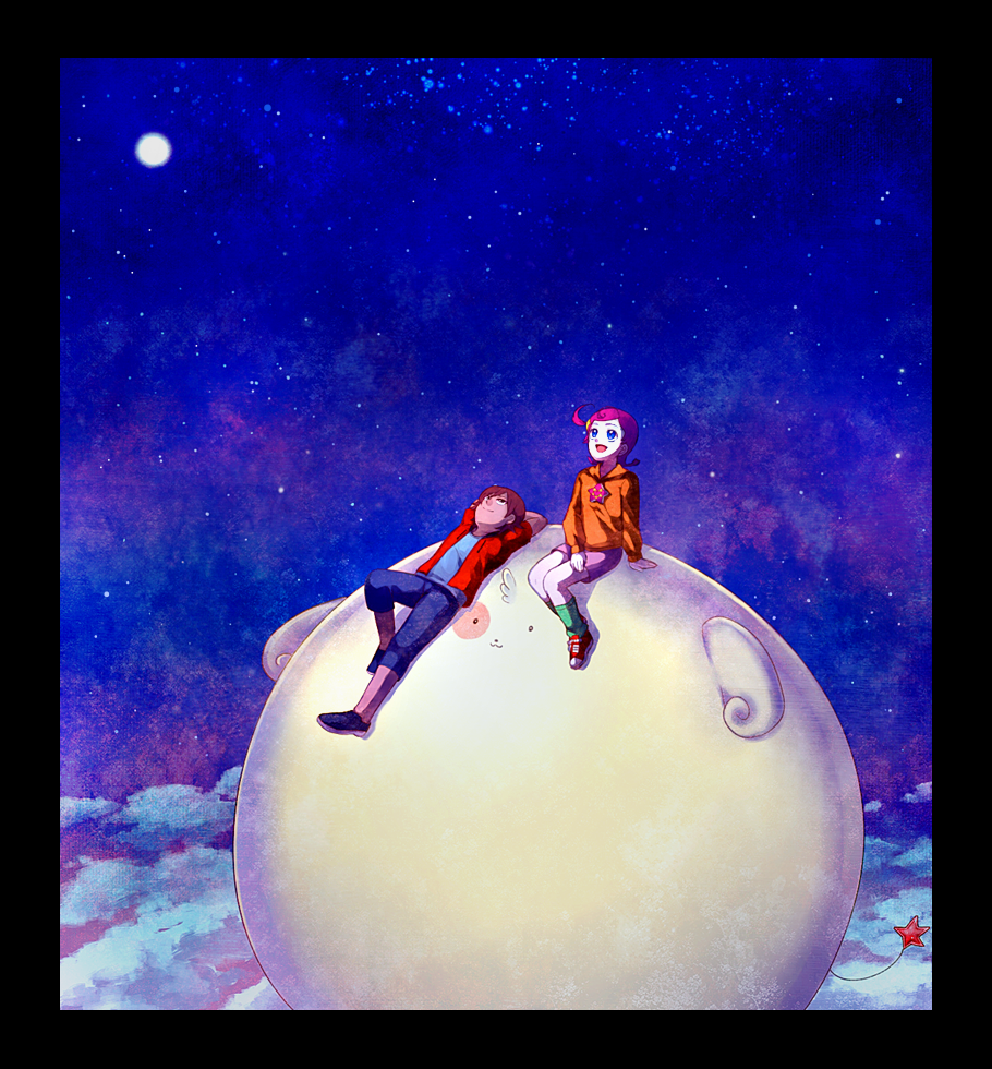 1boy, 1girl, ahoge, bad_id, bad_pixiv_id, brown_hair, comet_(comet-san), cosmic_baton_girl_comet-san