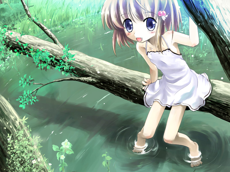 1girl, barefoot, blue_eyes, blush, brown_hair, child, dress, fang