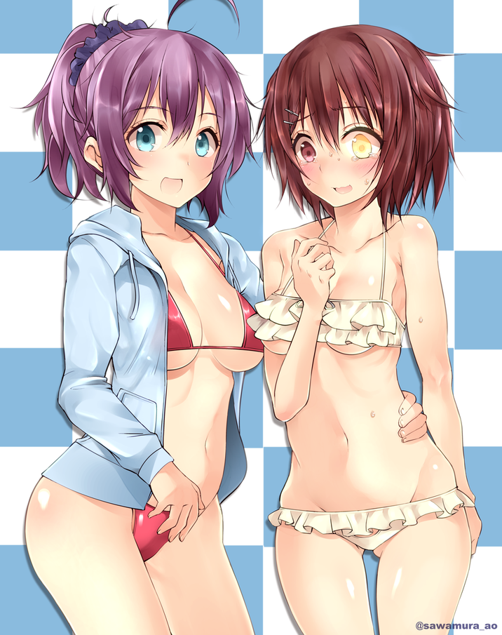 10s, 2girls, ahoge, aoba_(kancolle), bikini, blue_eyes, blush, breast_envy