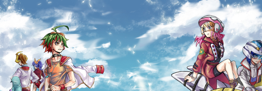 2girls, 4boys, ahoge, akaba_reira, bad_id, bad_pixiv_id, bike_shorts, blonde_hair