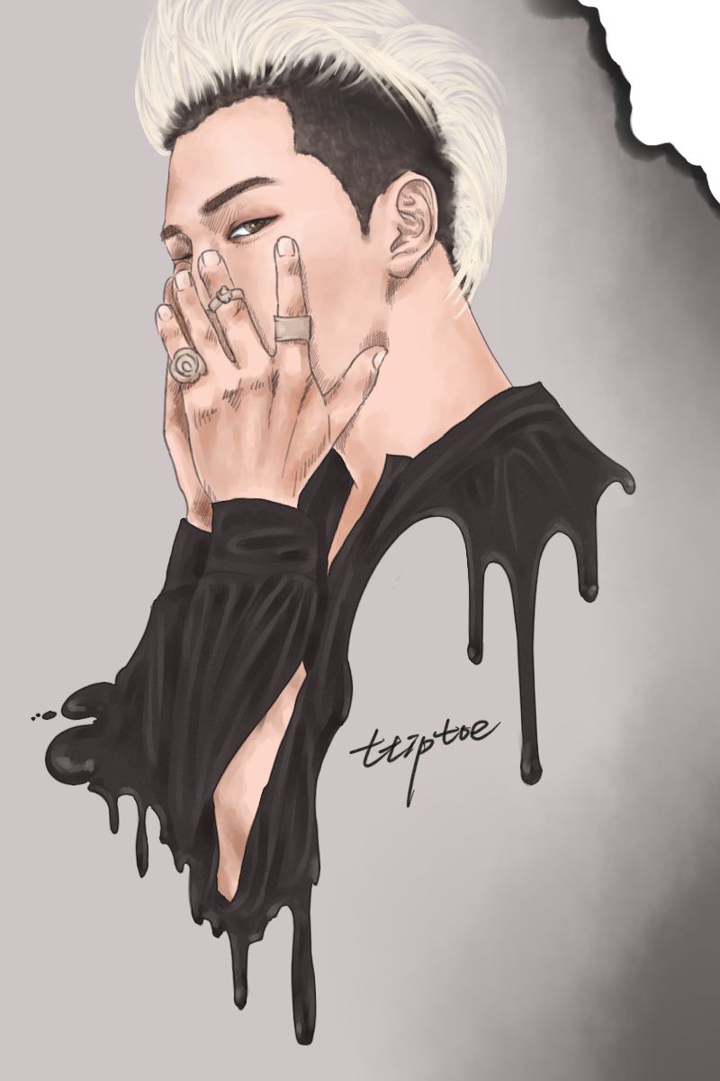 1boy, bigbang, blonde_hair, character_name, covering_own_mouth, gradient_background, highres, jewelry