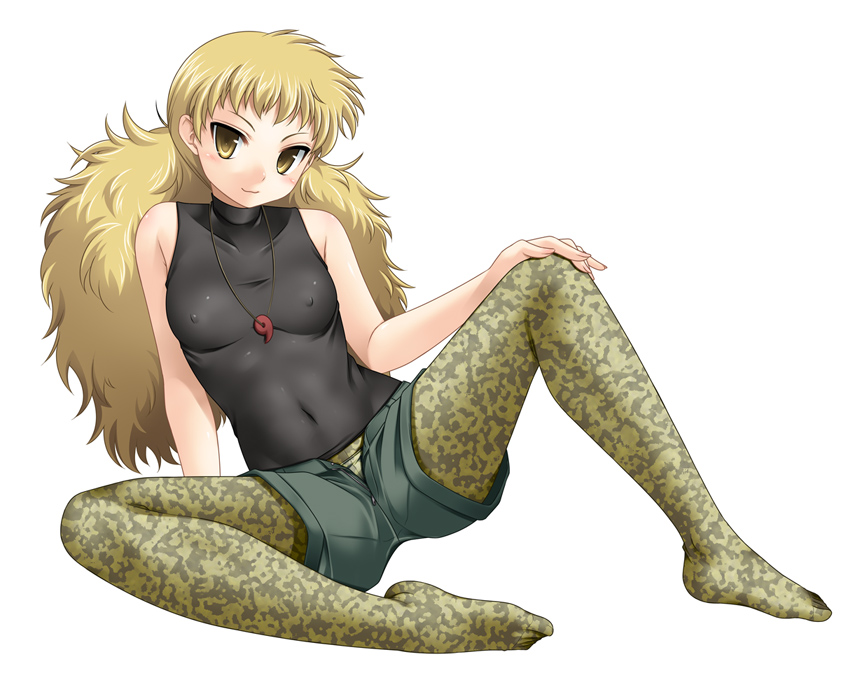 00s, 1girl, bare_shoulders, blonde_hair, breasts, camouflage, covered_erect_nipples, feet, female_focus, hazuki_(etcxetc), inugami_hatsune, medium_breasts, open_fly, pantyhose, pantyhose_under_shorts, print_pantyhose, shorts, solo, tank_top, turtleneck, unzipped, yellow_eyes, zettai_karen_children