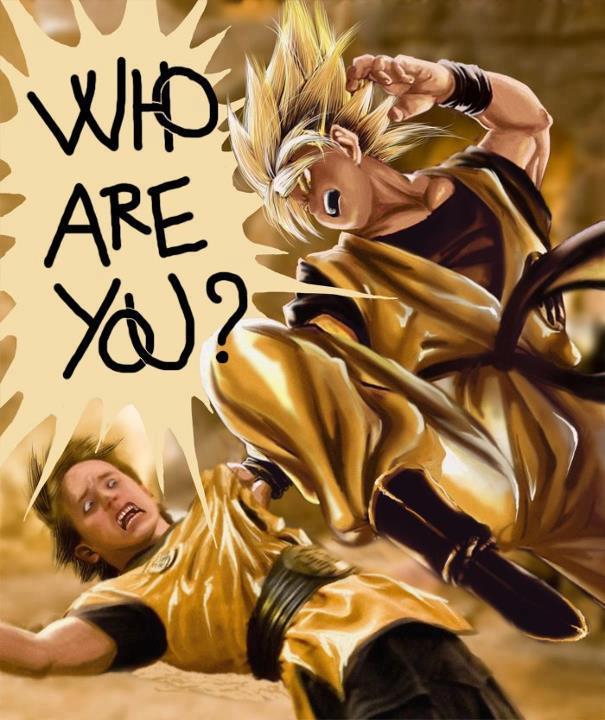 2boys, angry, artist_request, attack, belt, black_hair, blonde_hair, boots, clothes_grab, dougi, dragon_ball, dragonball_evolution, dragonball_z, english_text, eye_contact, facing_another, hair_up, justin_chatwin, leg_up, looking_at_another, male_focus, multiple_boys, muscular, open_mouth, orange_pants, pants, parody, scared, shirt, grabbing_another's_shirt, short_hair, short_sleeves, shouting, son_goku, speech_bubble, spiked_hair, super_saiyan, teeth, tongue, transformation, violence, wide-eyed