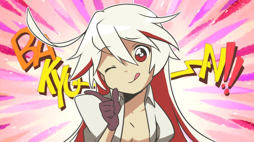 1girl, albino, gloves, gradient_background, guilty_gear, guilty_gear_xrd, jack-o'_valentine, jacket