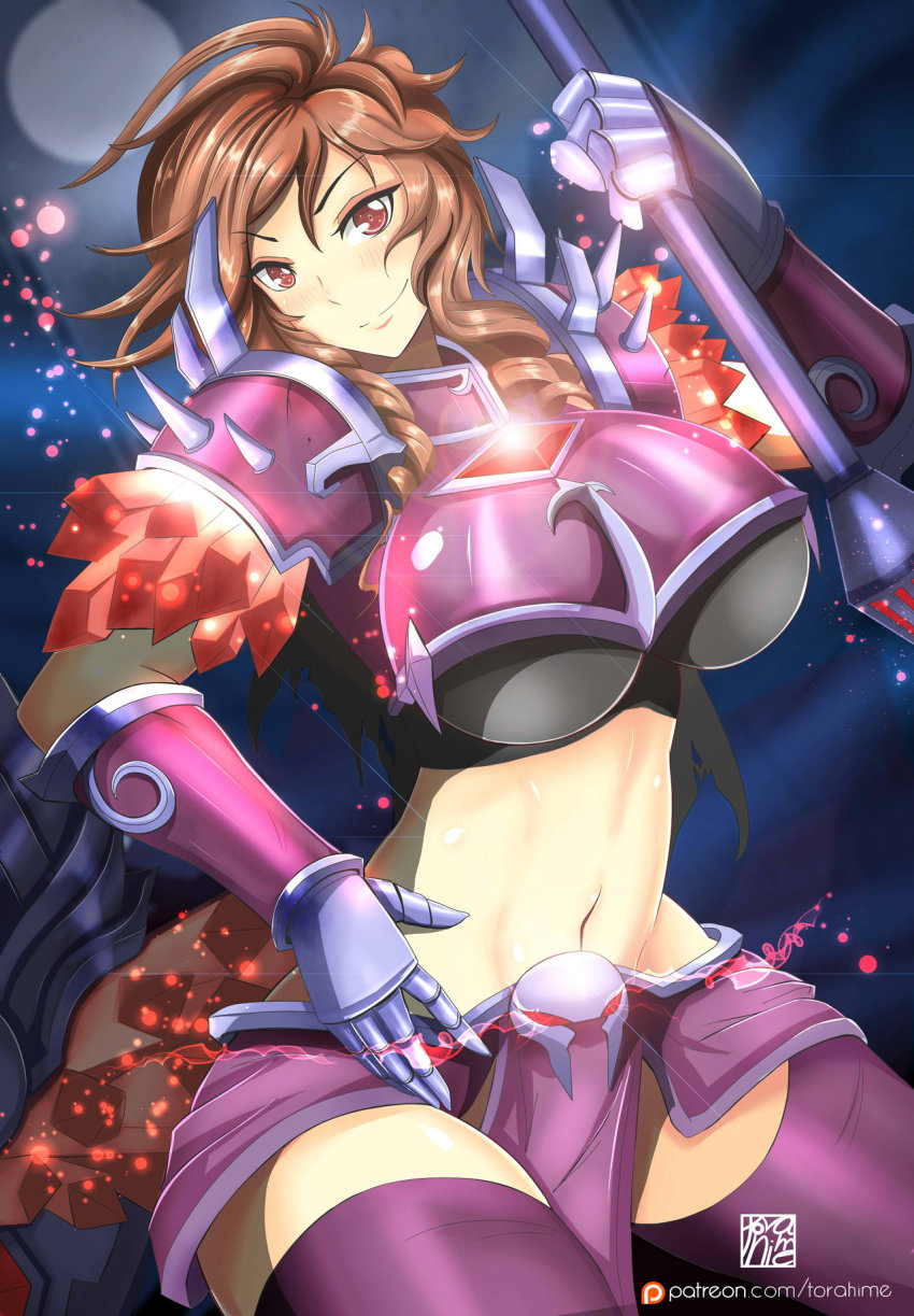 armor, breasts, brown_hair, gender_request, genderswap, gradient_background, highres, large_breasts