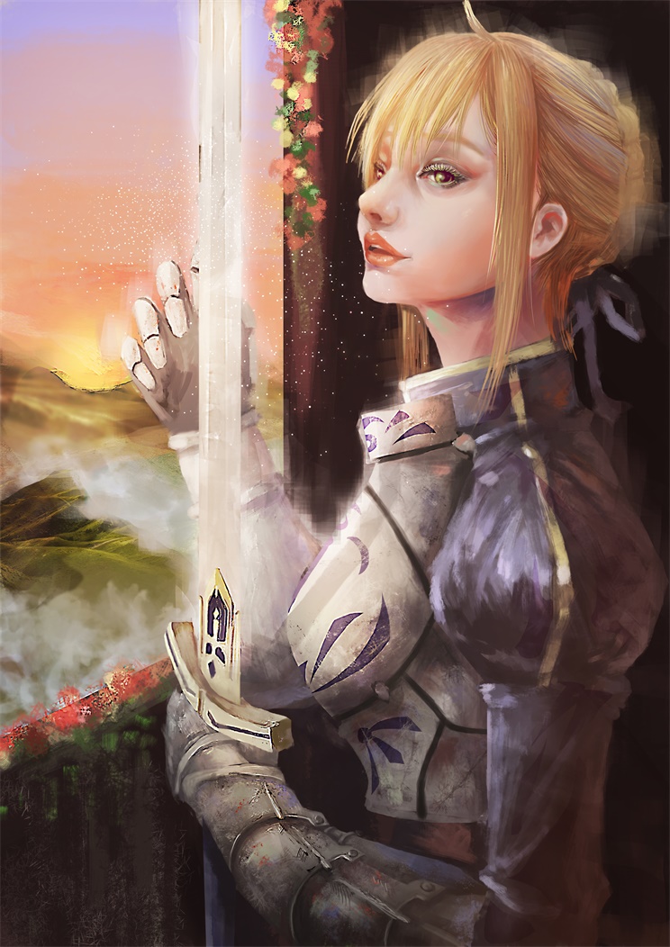 1girl, armor, artoria_pendragon_(fate), blonde_hair, fate/stay_night, fate_(series), female_focus, gauntlets