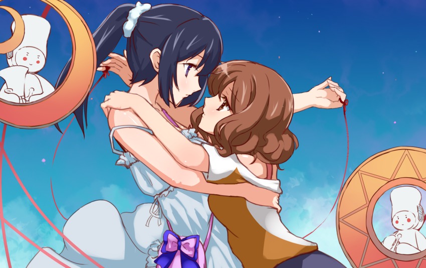 2girls, black_hair, blush, brown_eyes, brown_hair, euphonium, female_focus, gradient_background