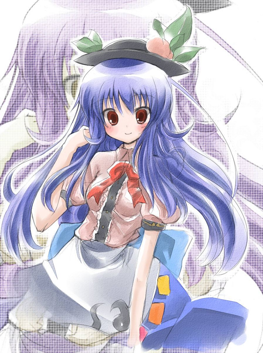 1girl, bad_id, bad_pixiv_id, blue_hair, blush, female_focus, food, fruit