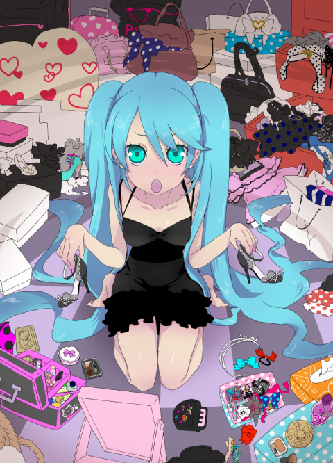 1girl, bad_id, bad_pixiv_id, bag, blue_hair, dress, female_focus, green_eyes, green_hair, gyaru, hatsune_miku, heart, high_heel_sandals, high_heels, kogal, long_hair, looking_up, makeup, matching_hair/eyes, numeri, open_mouth, polka_dot, ribbon, sandals, shoes, shopping, solo, twintails, very_long_hair, vocaloid, world_is_mine_(vocaloid)