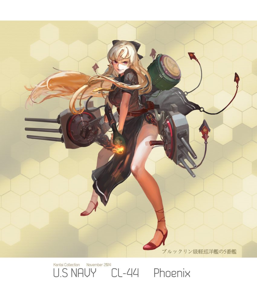 10s, 1girl, 2014, artist_name, bare_legs, belt, black_bow, black_dress, blonde_hair, bow, character_name, copyright_name, dress, female_focus, fire, flamethrower, full_body, grin, hair_bow, high_heels, highres, holding, holding_weapon, honeycomb_(pattern), honeycomb_background, honeycomb_pattern, jeanex, kantai_collection, long_hair, military, military_uniform, no_panties, original, pacific_(kancolle), pink_eyes, red_eyes, red_shoes, rigging, ship_turret, shoes, short_sleeves, side_slit, smile, solo, united_states, uss_phoenix_(cl-46), weapon, white_hair