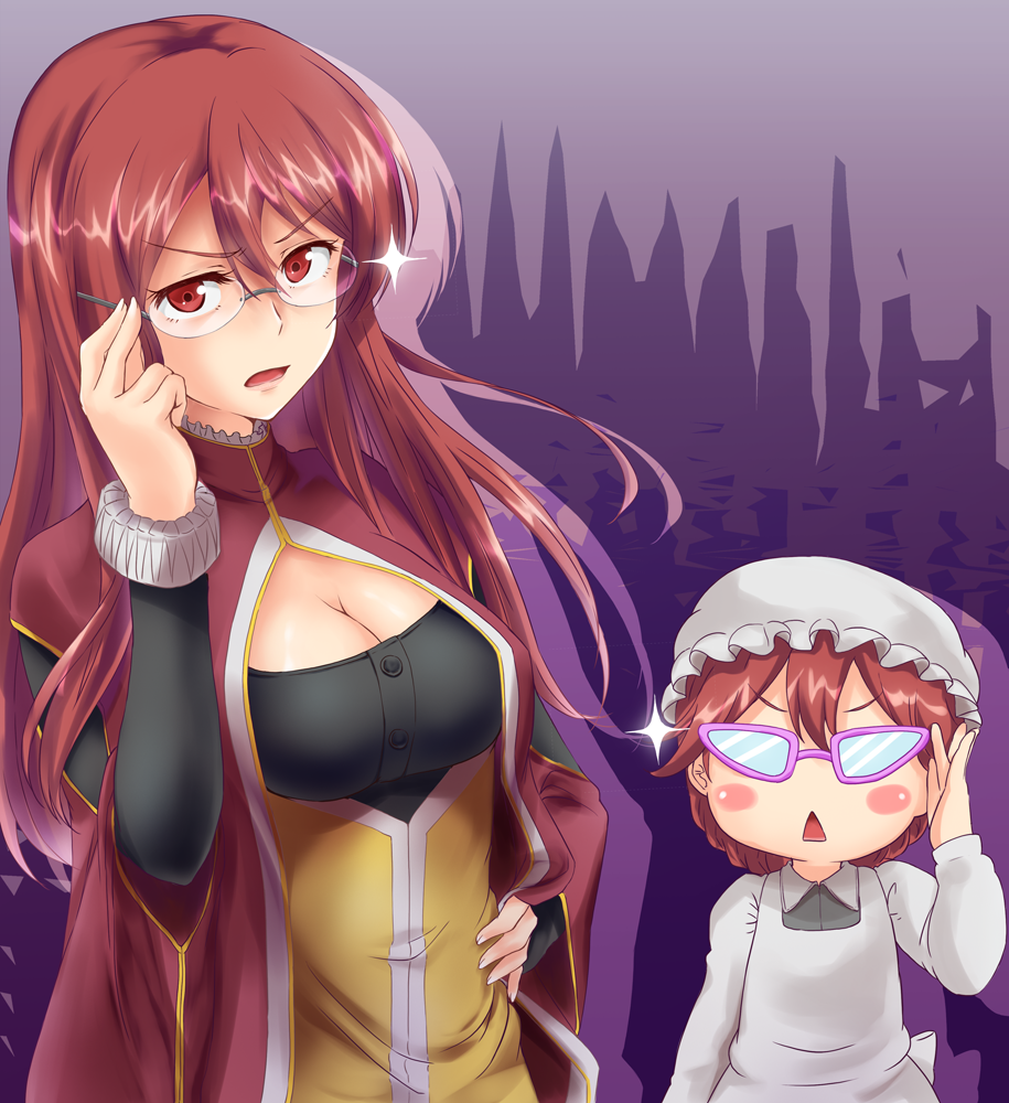 10s, 2girls, adjusting_eyewear, anti_(untea9), apron, bespectacled, blush_stickers, breasts