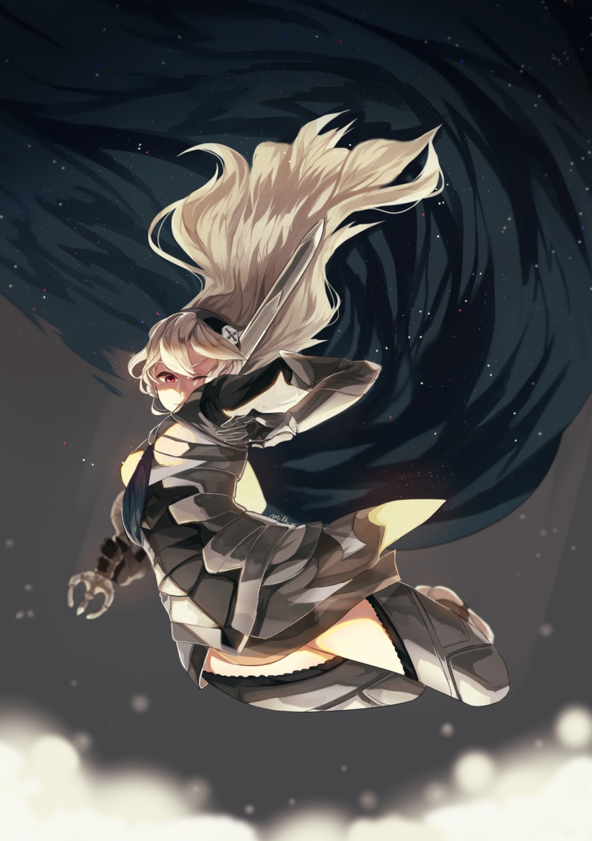 1girl, armor, barefoot, black_hairband, blonde_hair, blue_cape, blurry, cape, clothing_cutout, depth_of_field, faulds, feet, female_corrin_(fire_emblem), female_focus, fire_emblem, fire_emblem_fates, full_body, gloves, gradient_background, hair_between_eyes, hair_ornament, hairband, highres, holding, holding_sword, holding_weapon, long_hair, milkbean, nintendo, one_eye_closed, puffy_sleeves, red_eyes, signature, solo, stirrup_legwear, sword, thigh_cutout, toeless_legwear, toes, very_long_hair, weapon, yato_(fire_emblem)