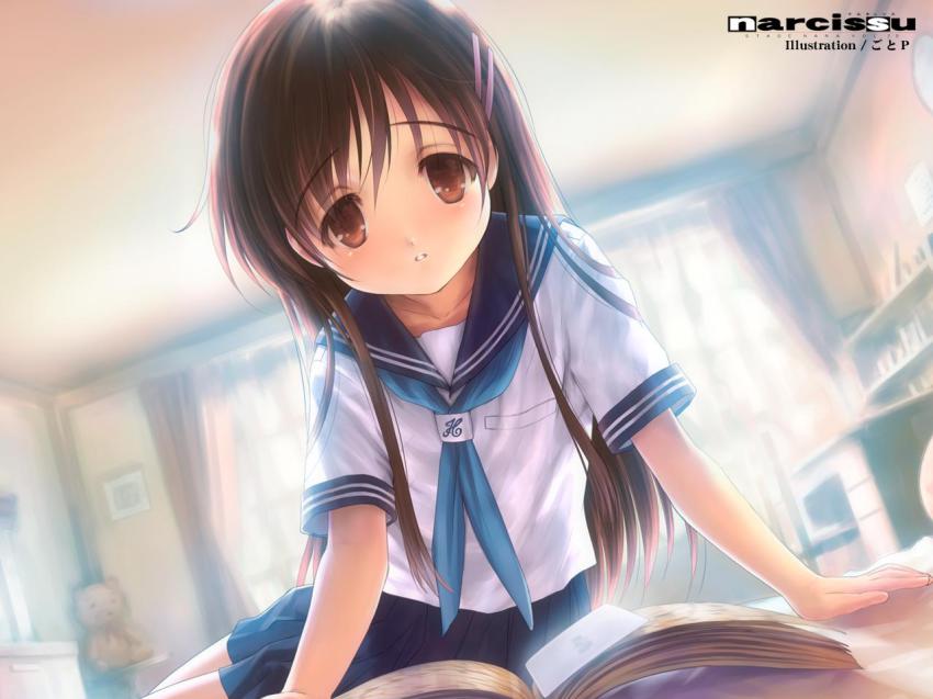 1girl, arm_support, artist_name, blush, book, brown_eyes, brown_hair, chair