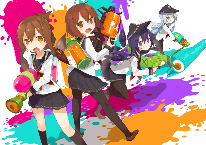 10s, 4girls, akatsuki_(kancolle), black_legwear, blue_eyes, blush, brown_hair, crossover