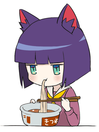 1other, androgynous, animal_ears, animated, animated_gif, blush, bob_cut, cat_ears, chopsticks, instant_cup_noodles, eating, food, green_eyes, instant_noodles, instant_udon, kuroi_nyan, kuroinyan, maruchan_akai_kitsune_udon, noodles, other_focus, pixiv_fantasia, pixiv_fantasia_new_world, short_hair, simple_background, solo, white_background