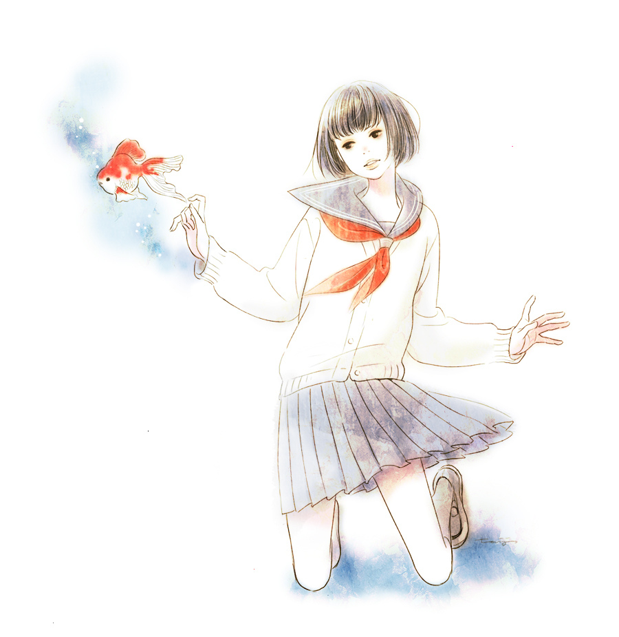 1girl, black_hair, female_focus, fish, goldfish, gradient_background, original, school_uniform, serafuku, short_hair, skirt, solo, tanji_youko