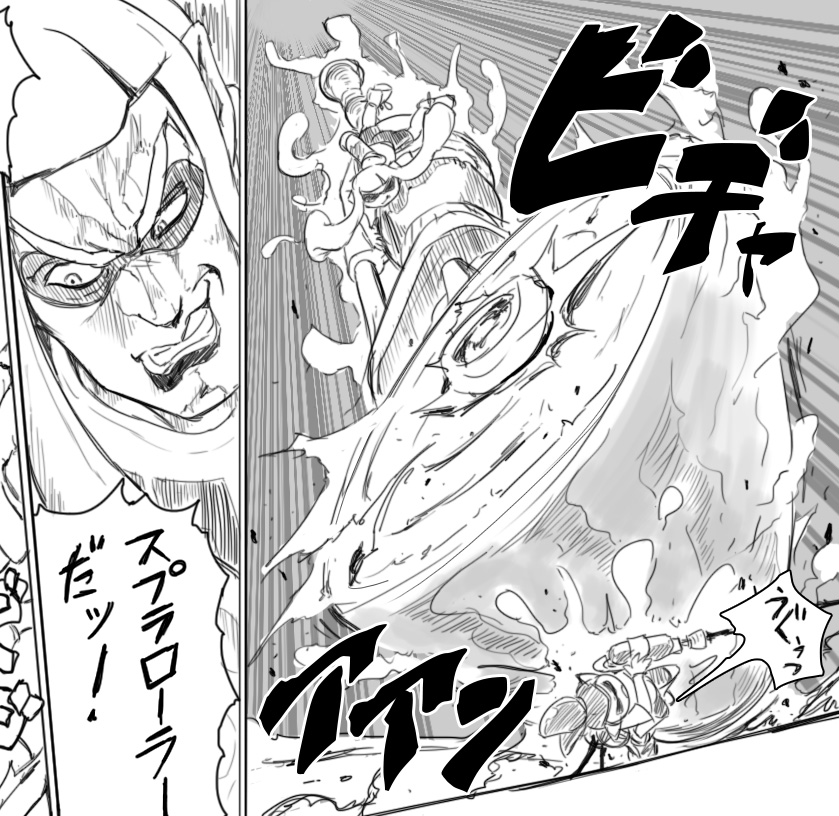 1boy, 1girl, araki_hirohiko_(style), aura, comic_panel_redraw, derivative_work, dio_brando, greyscale, inkling, inkling_boy, inkling_girl, inkling_player_character, jojo_no_kimyou_na_bouken, kabeu_mariko, man_face, manlification, monochrome, nintendo, paint_roller, parody, road_roller_da!_(meme), splat_roller_(splatoon), splatoon_(series), splatoon_1, style_parody, super_soaker, tentacle_hair