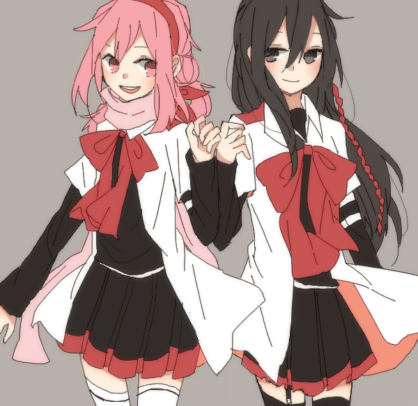 10s, 2girls, black_hair, black_legwear, bow, choko_donburi, eye_contact, garter_belt, grey_background, hair_bun, ichinomiya_eruna, long_hair, looking_at_another, mikagura_gakuen_kumikyoku, mikagura_seisa, multiple_girls, pink_hair, scarf, school_uniform, side_bun, simple_background, single_hair_bun, single_side_bun, skirt, smile, thighhighs, white_legwear, yuri, zettai_ryouiki