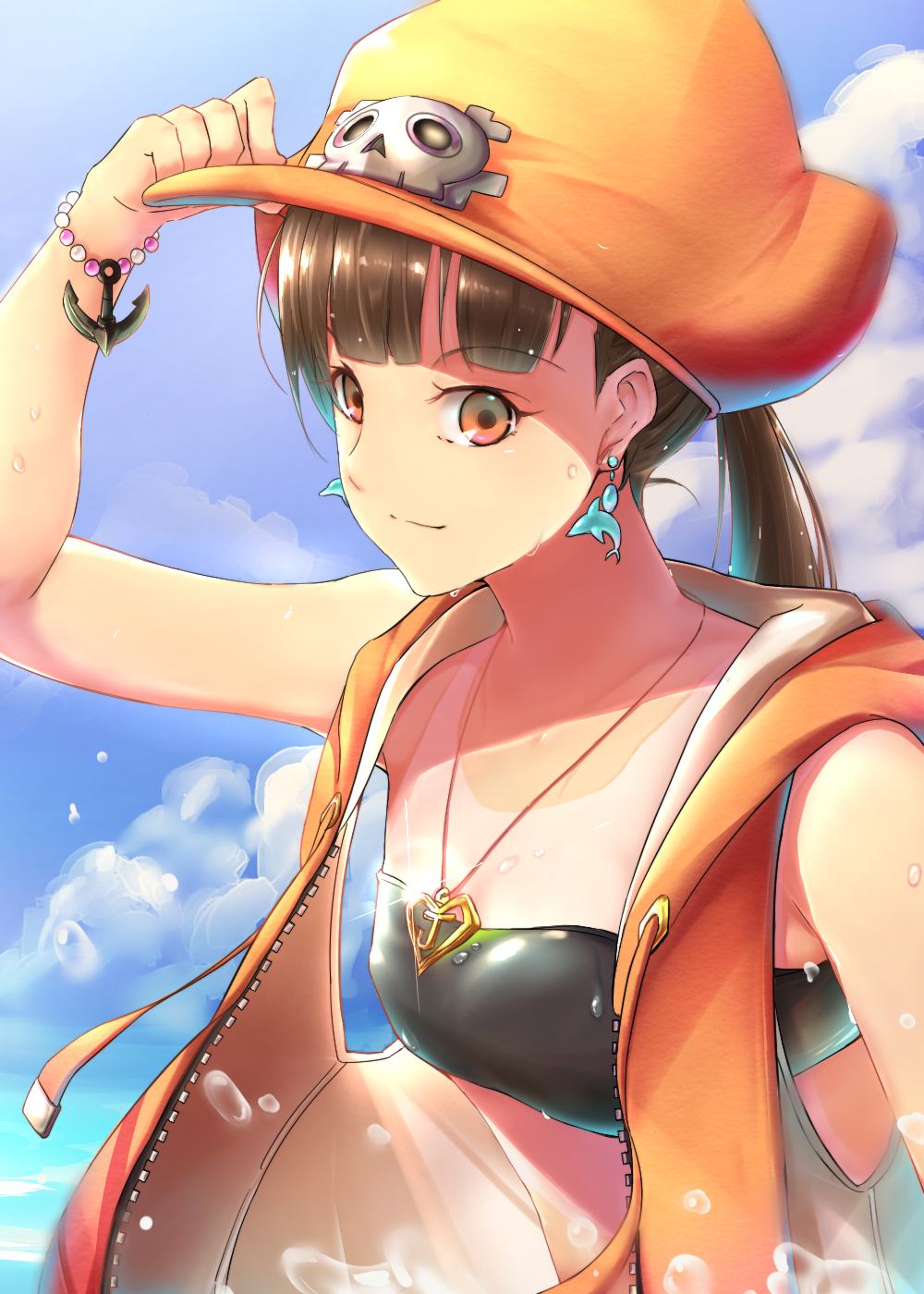 1girl, adjusting_clothes, adjusting_headwear, anchor, arc_system_works, bandeau, blue_sky, blunt_bangs