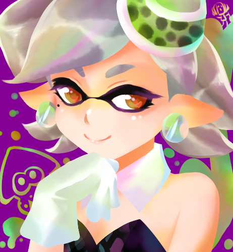 1girl, bad_id, bad_pixiv_id, detached_collar, dress, earrings, female_focus, gloves, hand_on_own_face, inkling, jewelry, looking_away, lowres, marie_(splatoon), marie_(squid_sisters_outfit)_(splatoon), mole, mole_under_eye, nintendo, orange_eyes, pointy_ears, sakusaku_funwari, short_hair, silver_hair, simple_background, smile, solo, splatoon_(series), splatoon_1, squid, strapless, strapless_dress, wagahaihapan, white_gloves