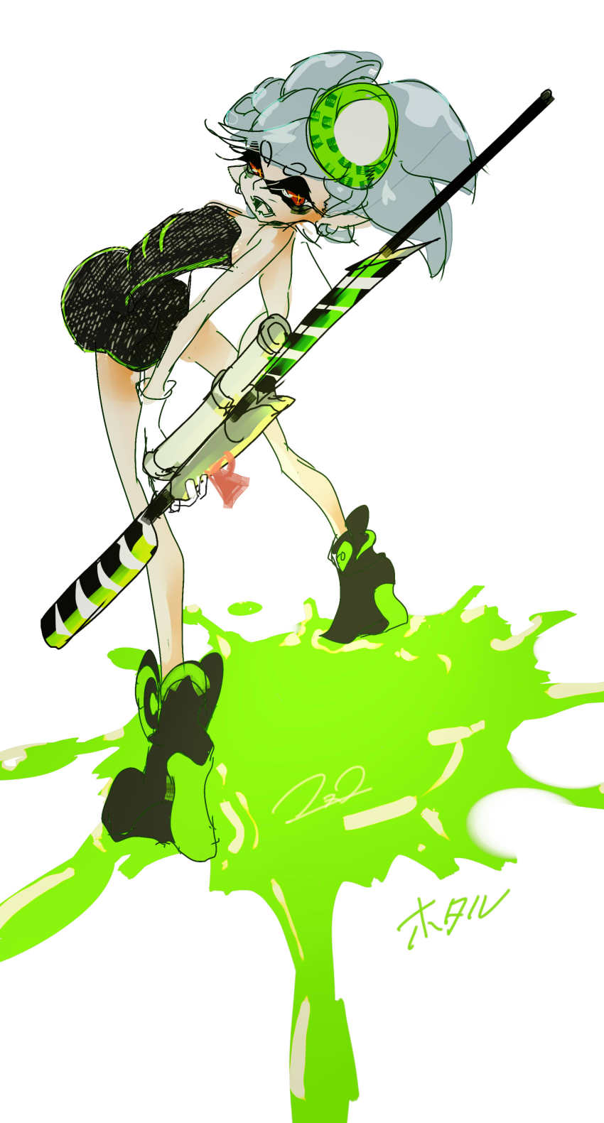 1girl, absurdres, bare_legs, character_name, dress, female_focus, gloves, grey_hair, highres, inkling, leaning_back, marie_(splatoon), marie_(squid_sisters_outfit)_(splatoon), mole, mole_under_eye, nintendo, missing_legwear, object_on_head, open_mouth, orange_eyes, paint, paint_splatter, short_hair, simple_background, sketch, solo, splat_charger_(splatoon), splatoon_(series), splatoon_1, strapless, strapless_dress, thick_eyebrows, tsuzutsu, white_gloves