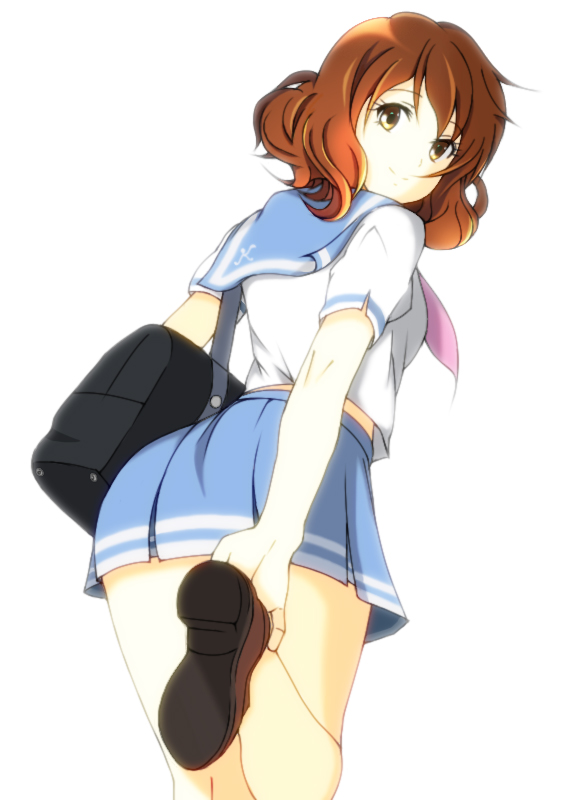 10s, 1girl, ass, avankaisar, bag, brown_eyes, brown_hair, female_focus, hibike!_euphonium, looking_back, oumae_kumiko, school_uniform, short_hair, simple_background, skirt, solo, wavy_hair