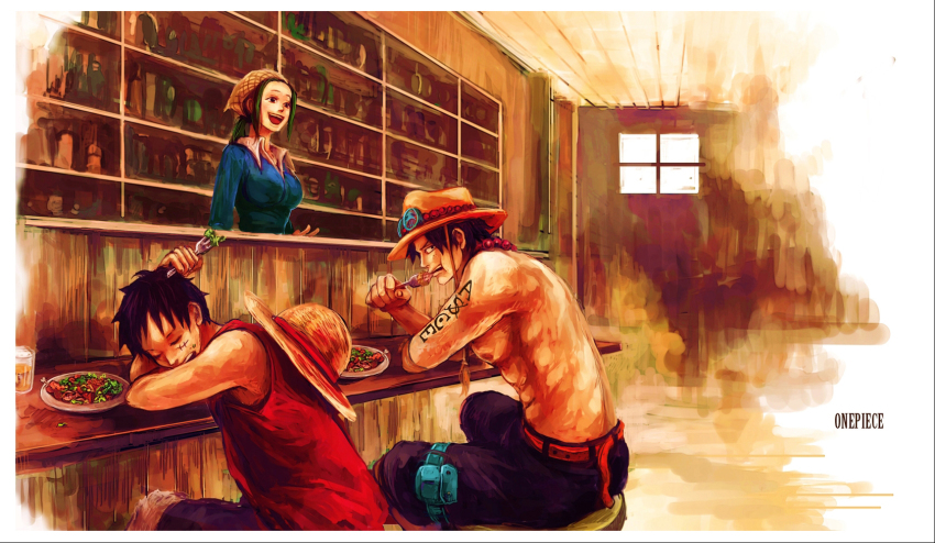 1girl, 2boys, bandana, bar_(place), belt, brothers, east_blue, eating