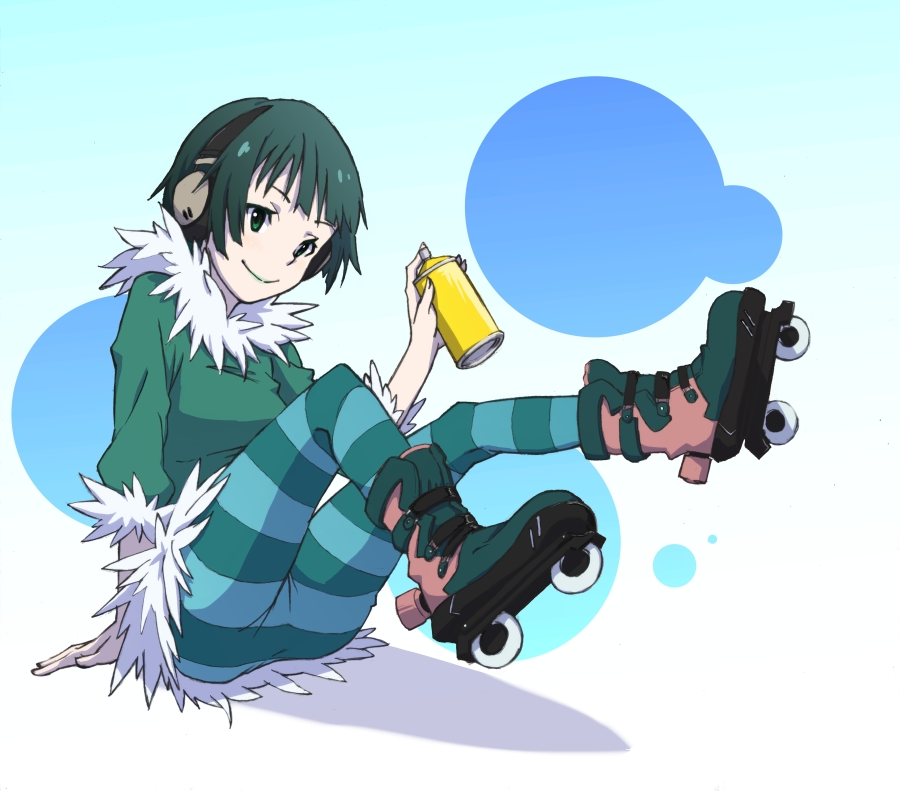 1girl, aqua_eyes, bis_(jsr), black_hair, blue_dress, blue_lips, blue_pantyhose, dress, female_focus, fur_trim, gradient_background, headphones, holding, inline_skates, jet_set_radio, karappo_(keith8387), legs_up, lipstick, long_sleeves, makeup, mew_(jsr), pantyhose, roller_skates, short_hair, sitting, skates, smile, solo, spray_can, striped_clothes, striped_pantyhose