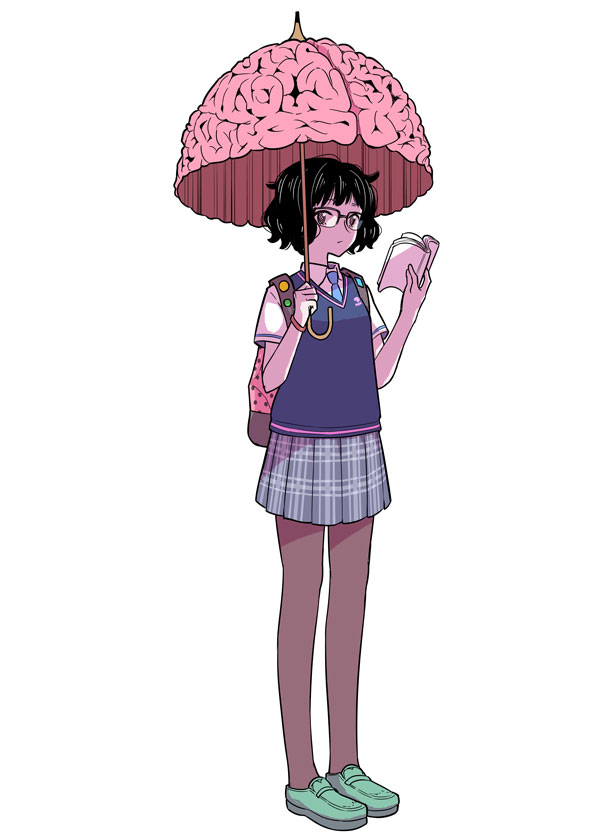 backpack, bag, black_hair, black_pantyhose, book, brain, glasses, necktie