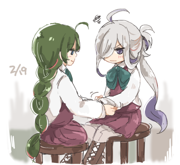 10s, 2girls, ahoge, asashimo_(kancolle), asymmetrical_hair, boots, bow, bowtie