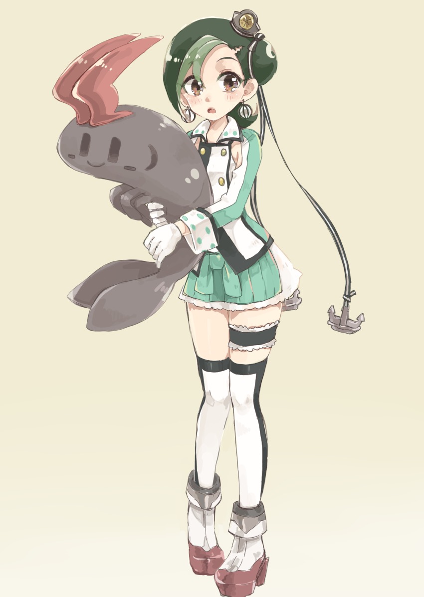 10s, 1girl, :o, akitsushima_(kancolle), akitsushima_(kancolle)_(cosplay), anchor, animalization, brown_eyes, cosplay, earrings, frilled_thigh_strap, full_body, gloves, gradient_background, green_hair, hair_bun, hair_ribbon, hat, highres, jewelry, kantai_collection, komatsu_mikako, mini_hat, miniskirt, mizuki_kotori_(yu-gi-oh!), multicolored_hair, pinatti, pleated_skirt, ribbon, shrimp, single_hair_bun, skirt, standing, thigh_strap, thighhighs, tsukumo_yuma, two-tone_hair, voice_actor_connection, yu-gi-oh!, yu-gi-oh!_zexal, yuu-gi-ou, yuu-gi-ou_zexal
