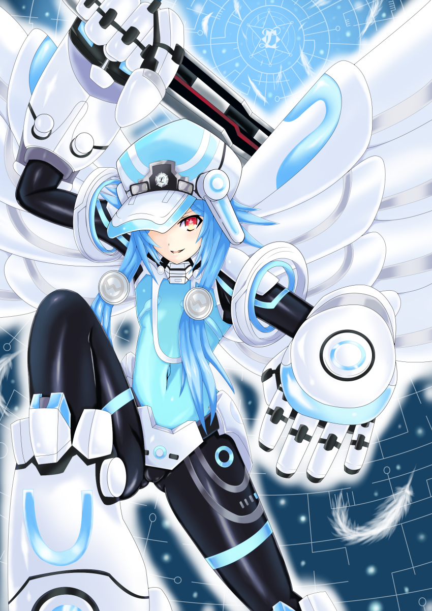 10s, 1girl, :d, absurdres, arm_up, armor, blanc_(neptunia), blue_hair