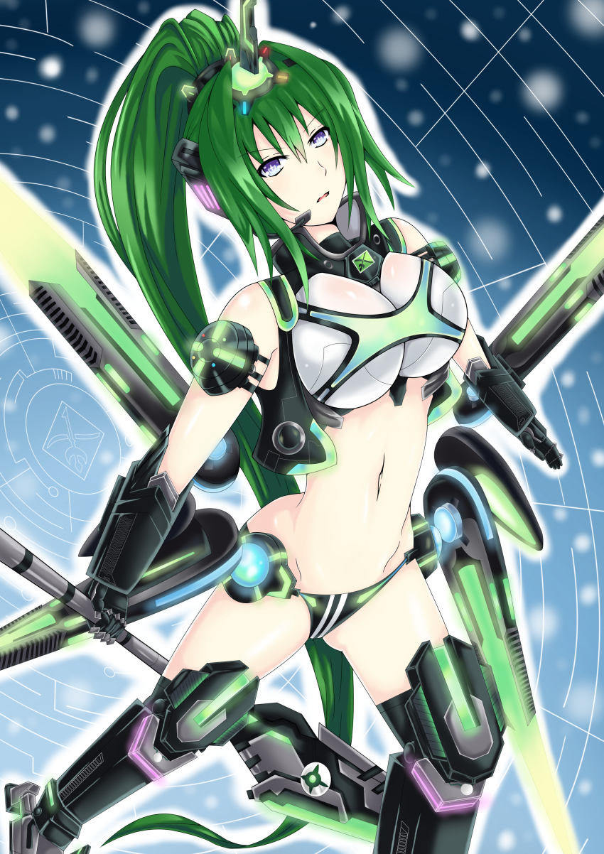 10s, 1girl, :o, absurdres, armor, bare_shoulders, blue_eyes, breastplate, breasts, crop_top, double_vertical_stripe, faulds, female_focus, gauntlets, greaves, green_hair, green_heart_(neptunia), grid, groin, headgear, high_ponytail, highres, holding, holding_weapon, honke_ganso, large_breasts, legs_apart, long_hair, lowleg, magical_girl, navel, neon_trim, neptune_(series), next_green, open_mouth, outline, pauldrons, polearm, ponytail, power_symbol, power_symbol-shaped_pupils, shin_jigen_game_neptune_vii, shoulder_armor, solo, spear, symbol-shaped_pupils, turtleneck, vert_(neptunia), very_long_hair, weapon
