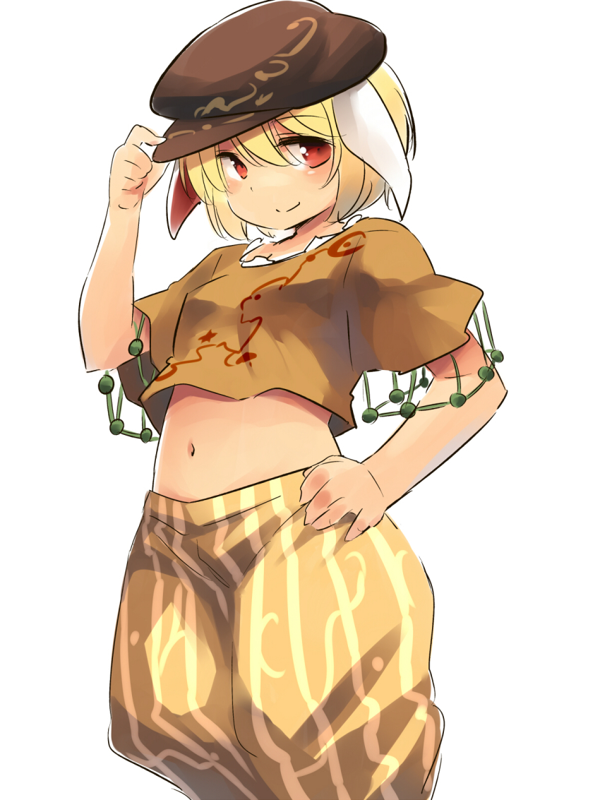 1girl, animal_ears, baggy_shorts, blonde_hair, crop_top, female_focus, flat_cap, floppy_ears, hand_on_headwear, hand_on_own_hip, hat, hat_tip, highres, looking_at_viewer, midriff, navel, orange_shirt, puffy_shorts, rabbit_ears, red_eyes, ringo, ringo_(touhou), shirt, short_hair, shorts, smile, solo, touhou, white_background, yudepii