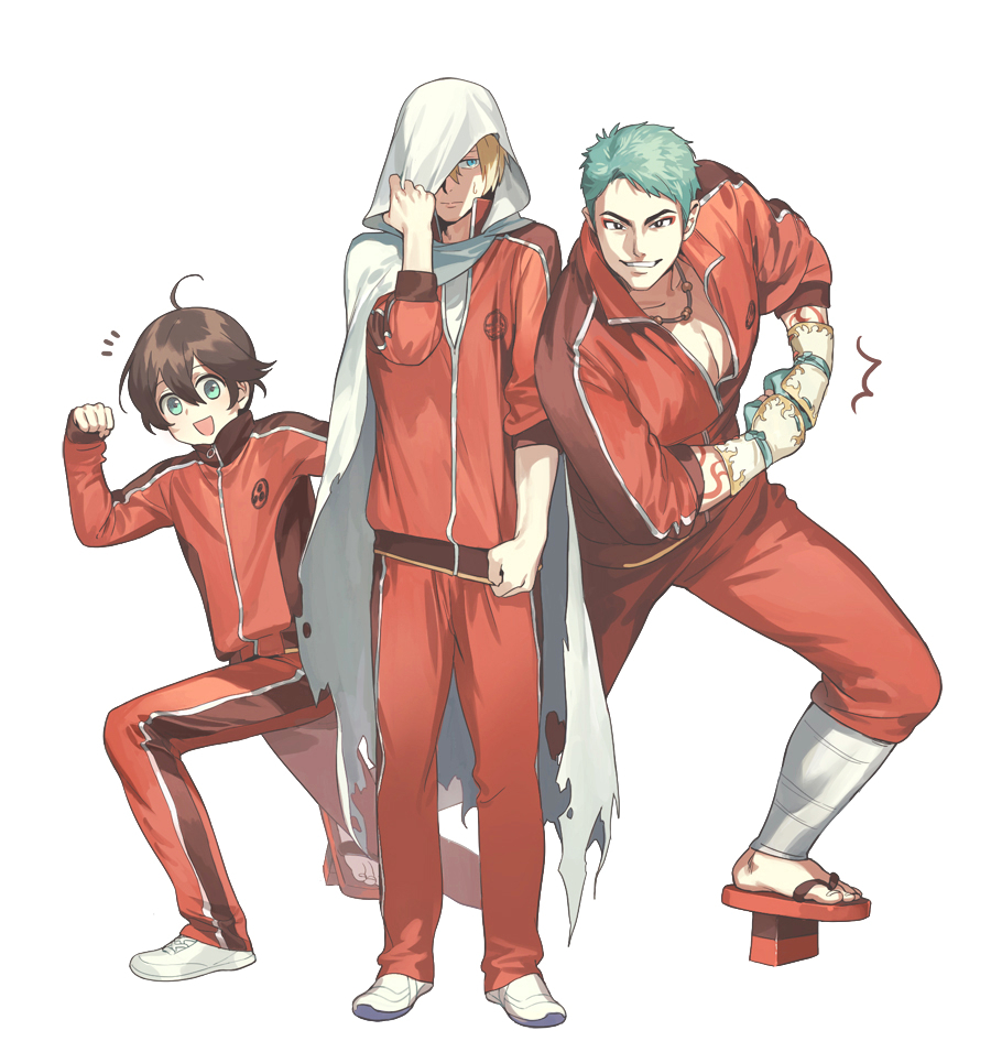 10s, 3boys, aqua_hair, black_hair, blonde_hair, blue_eyes, brown_eyes, cloak