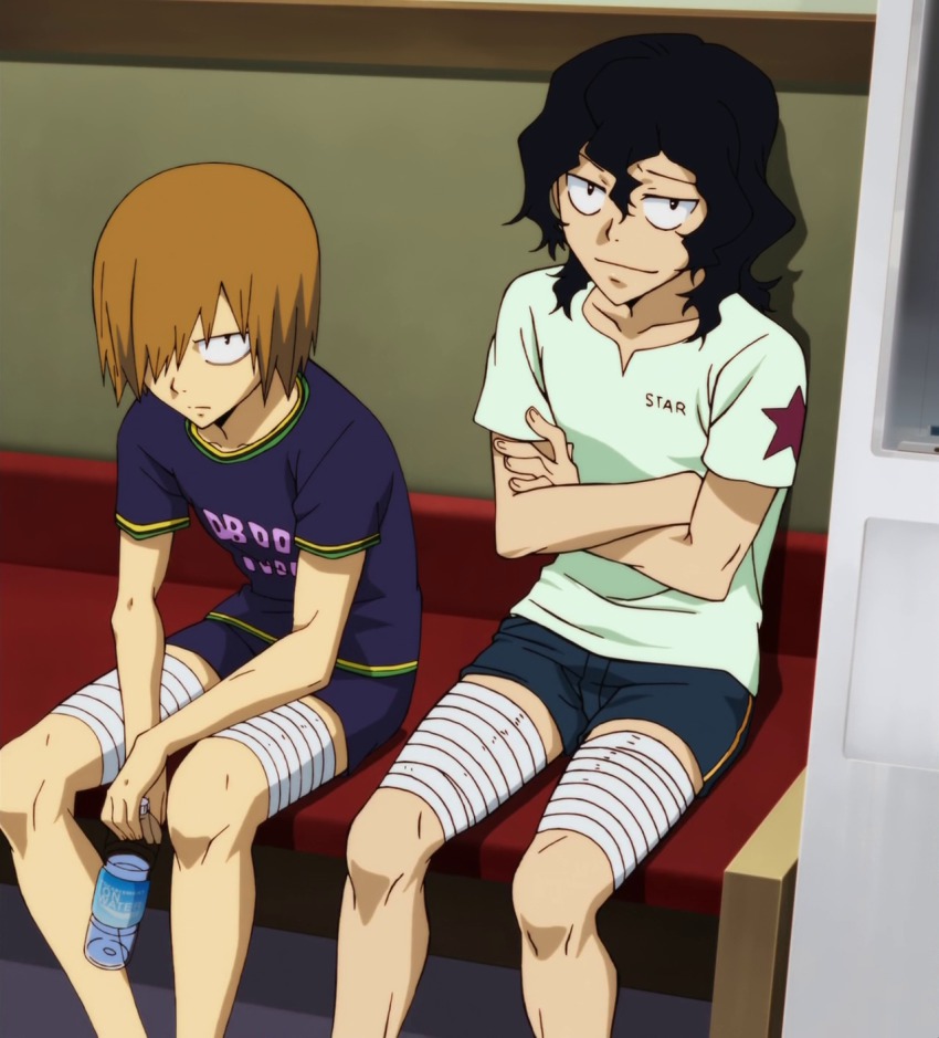 2boys, anime_screenshot, aoyagi_hajime, bandages, black_hair, bottle, brown_hair, hair_over_one_eye, highres, looking_at_viewer, multiple_boys, sitting, stitched, teshima_junta, third-party_edit, yowamushi_pedal