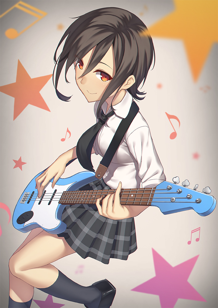 1girl, bass_guitar, black_hair, black_necktie, female_focus, fender_(company), fender_jazz_bass, gradient_background