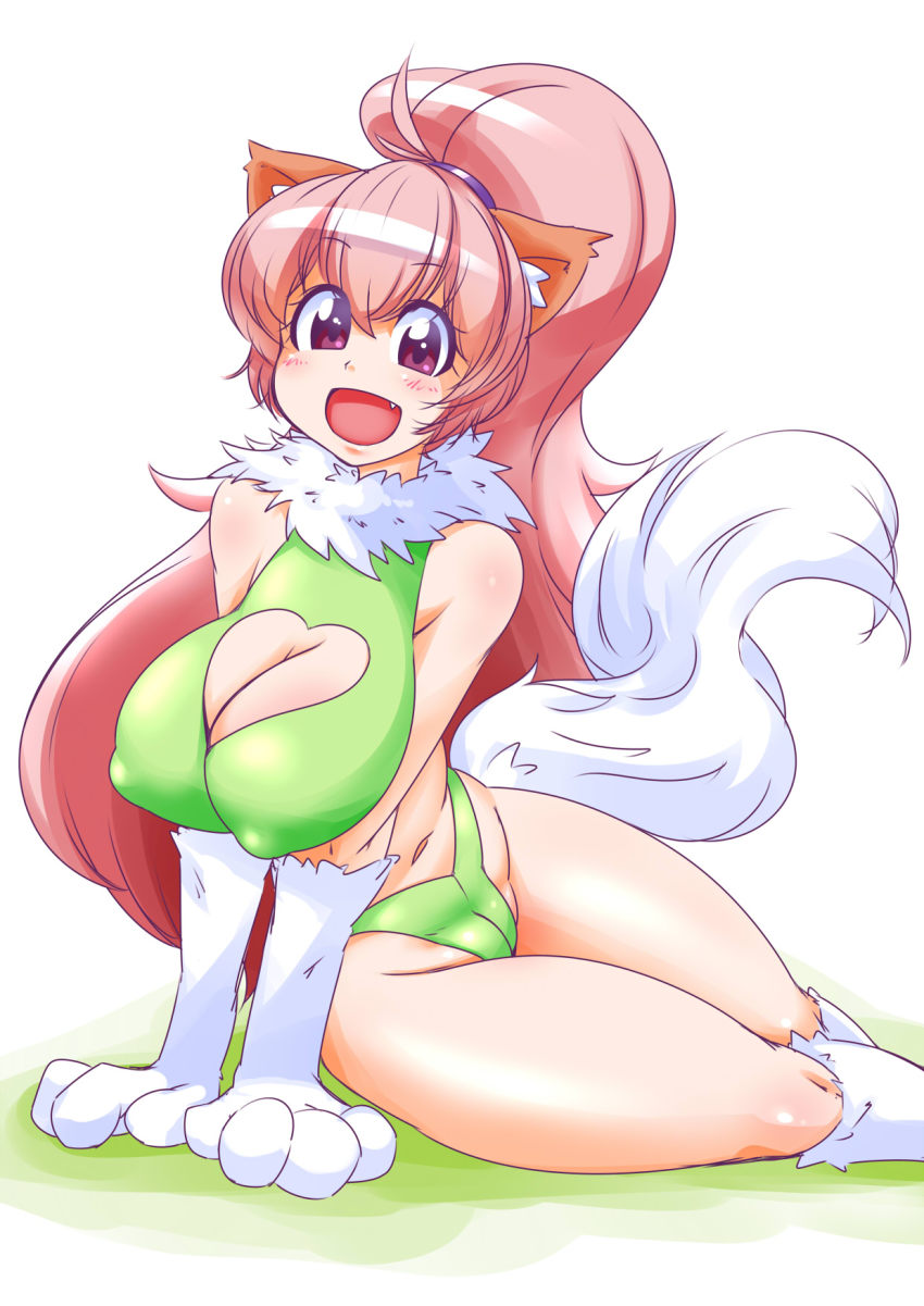 1girl, :d, animal_ears, breasts, cat_ears, cat_girl, cat_tail, cleavage
