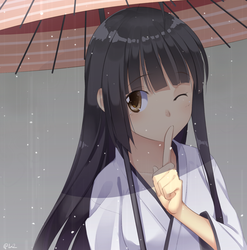10s, 1girl, akai_ronii, black_hair, brown_eyes, female_focus, finger_to_mouth, japanese_clothes