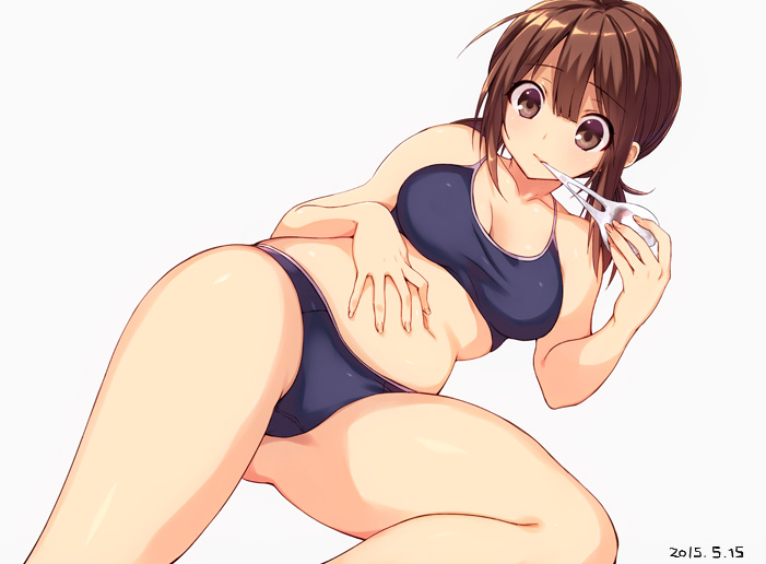 10s, 1girl, 2015, black_bra, black_panties, bra, breasts, brown_eyes, brown_hair, cleavage, dated, eating, female_focus, grey_background, hand_on_another's_stomach, hand_on_own_stomach, large_breasts, leg_up, low_twintails, lying, mouth_hold, navel, original, panties, plump, simple_background, solo, sports_bikini, sports_bra, sportswear, sushikuugo_(suisen), taut_clothes, twintails, underwear, underwear_only, white_background