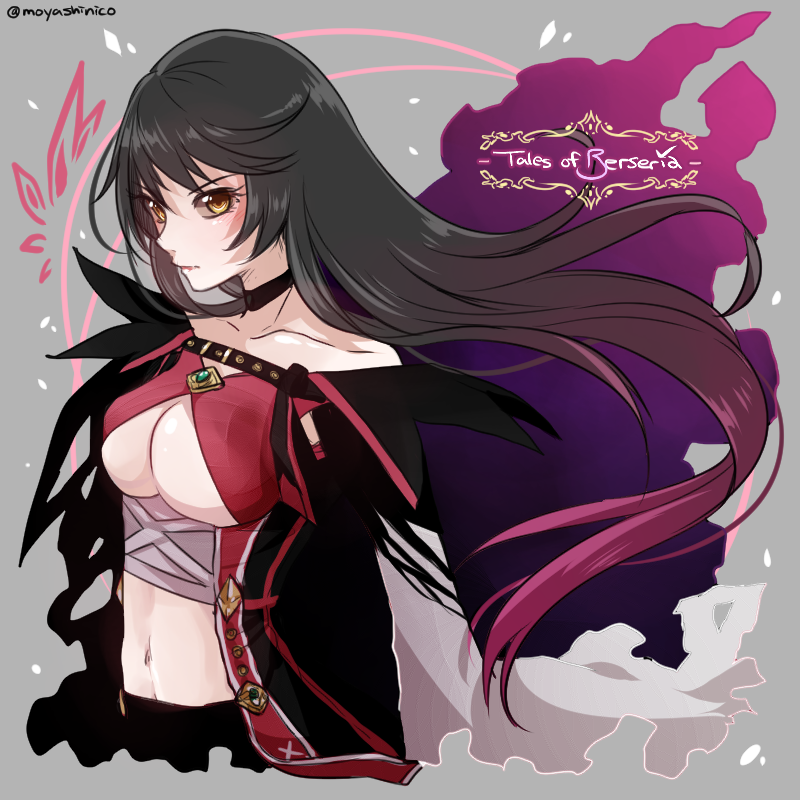 1girl, bare_shoulders, black_hair, black_neckwear, breasts, choker, cleavage_cutout, clothing_cutout, collarbone, copyright_name, female_focus, grey_background, large_breasts, long_hair, midriff, monicanc, navel, simple_background, solo, tales_of_(series), tales_of_berseria, twitter_username, underboob, velvet_crowe, yellow_eyes