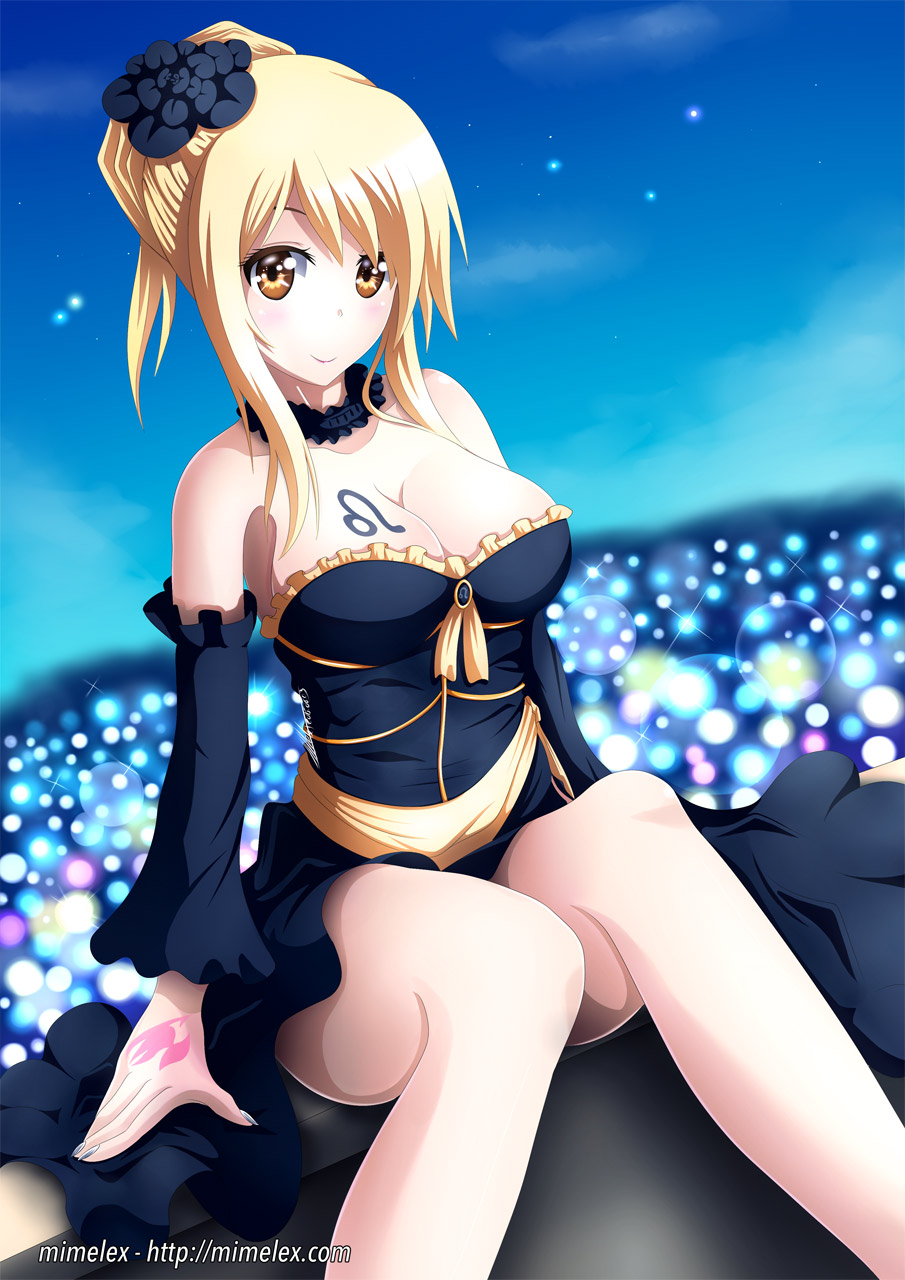 1girl, artist_name, blonde_hair, blush, breast_tattoo, breasts, brown_eyes, cleavage